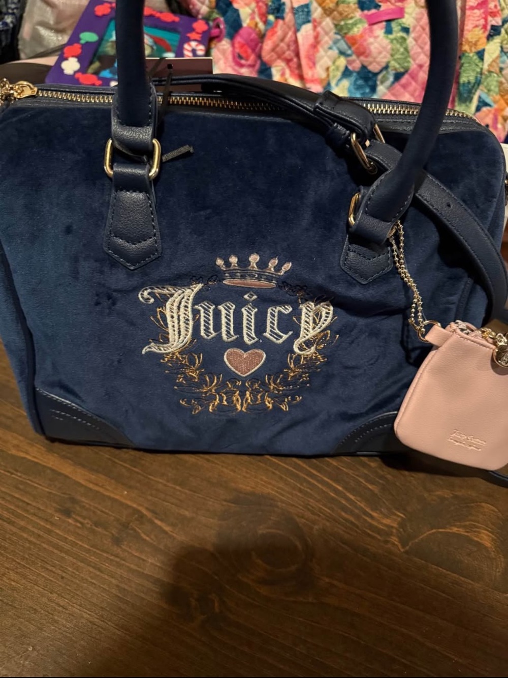 Juicy Couture Navy Suede Satchel with Pink Charm